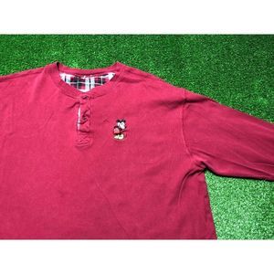Disney Mickey Mouse Vintage 90s Mens Red Long Sleeve Henley Shirt Size 2XL